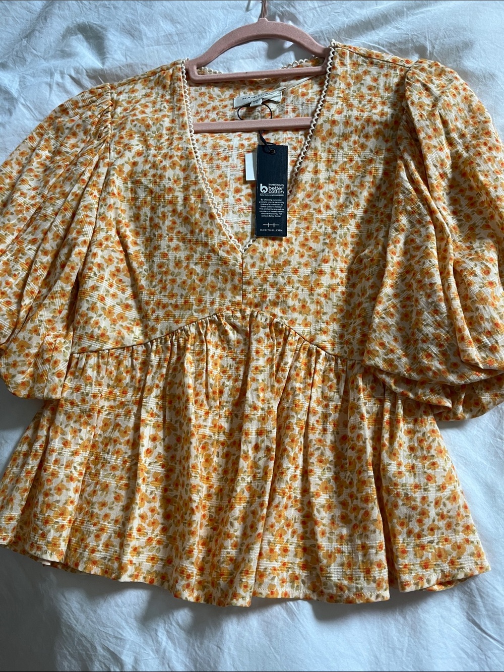 Habitual Floral Balloon Elbow Sleeve Cotton Top yellow orange ditsy floral print
